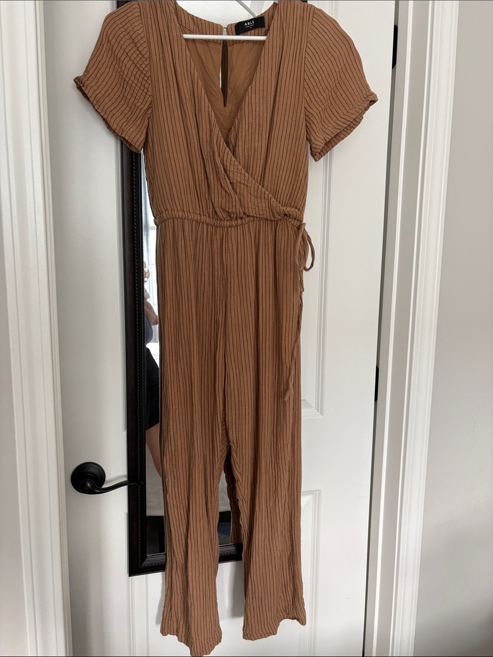 Able Taupe Ribbed Short-Sleeve Wrap Jumpsuit